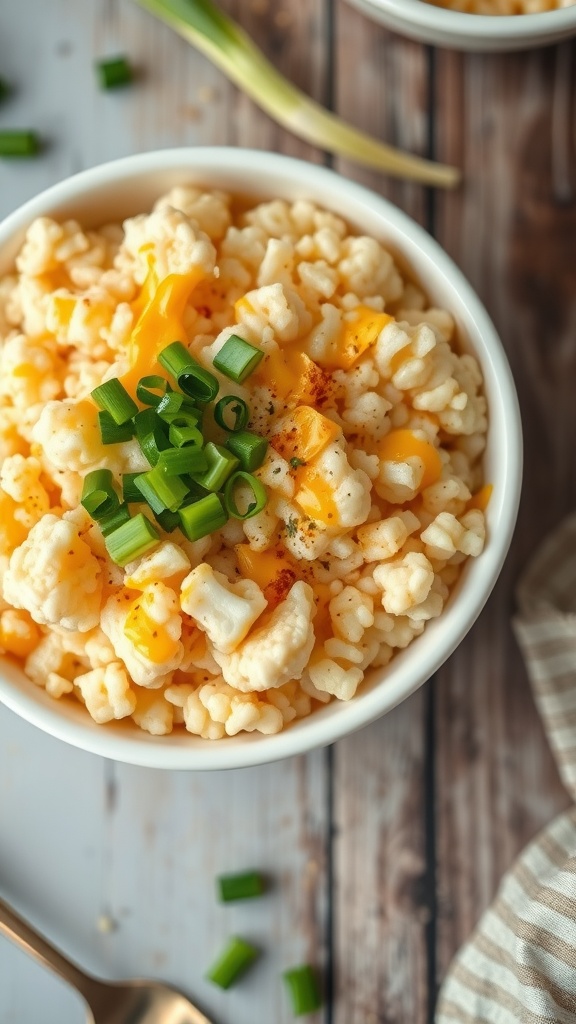 A bowl of cheesy cauliflower rice garnished with green onions.