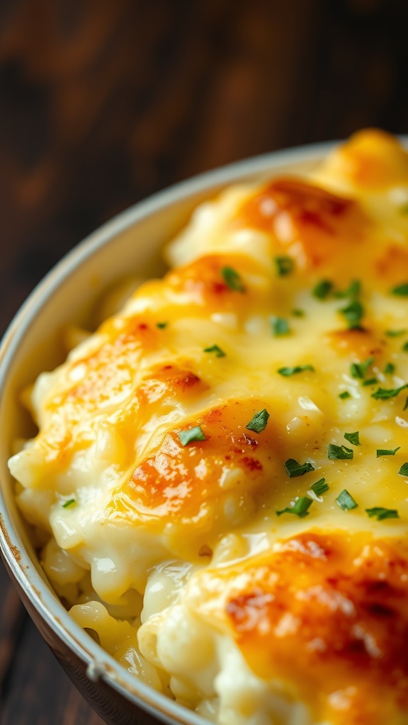 Creamy scalloped potatoes topped with melted cheese and garnished with parsley.