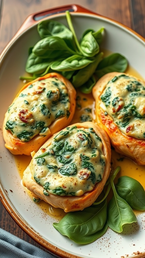 Cooked cheesy spinach stuffed chicken on a plate