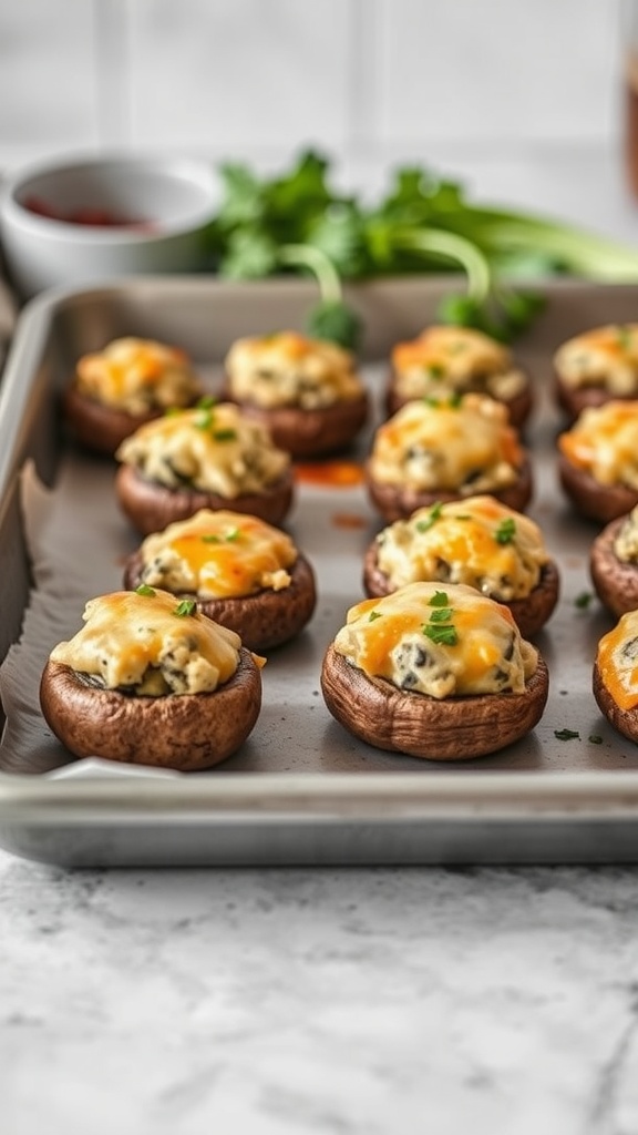 A tray of cheesy stuffed mushrooms topped with melted cheese and garnished with herbs.