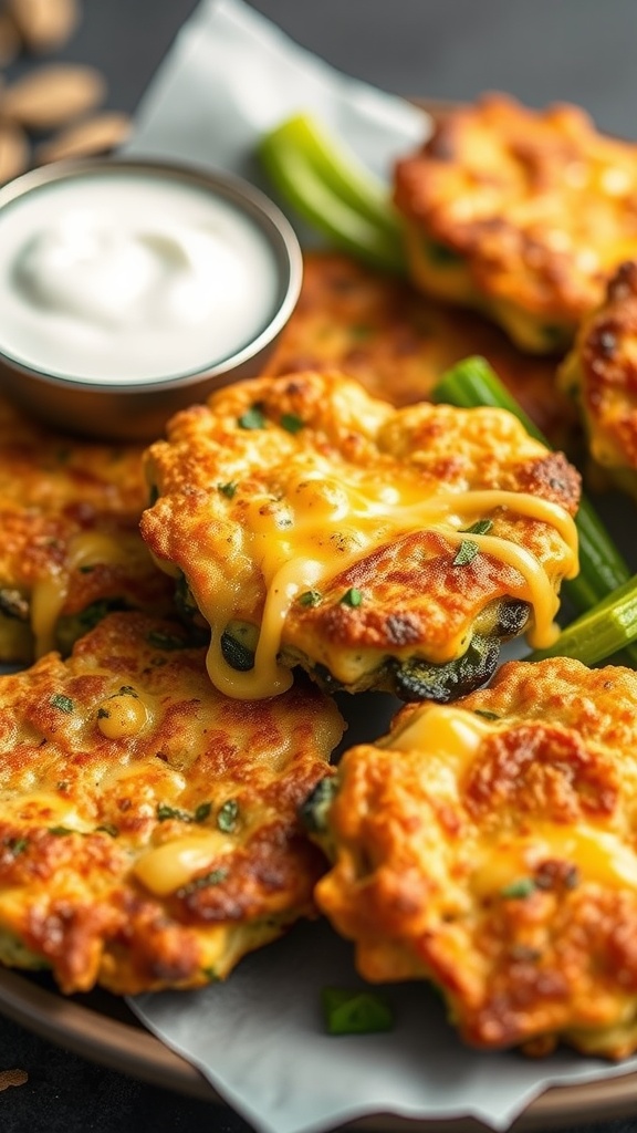 Delicious cheesy zucchini fritters served with dipping sauce