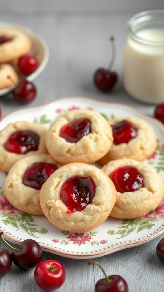 A plate of Cherry Almond Thumbprint Cookies filled with cherry jam.