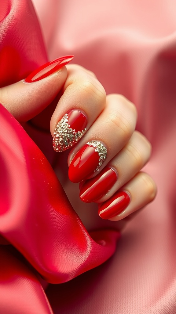 Cherry red nails with gold glitter half-moon design