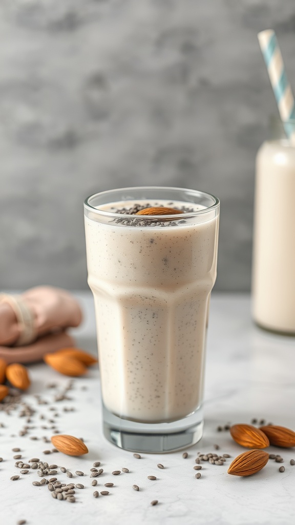A refreshing chia seed and almond milk smoothie, garnished with almonds and chia seeds.