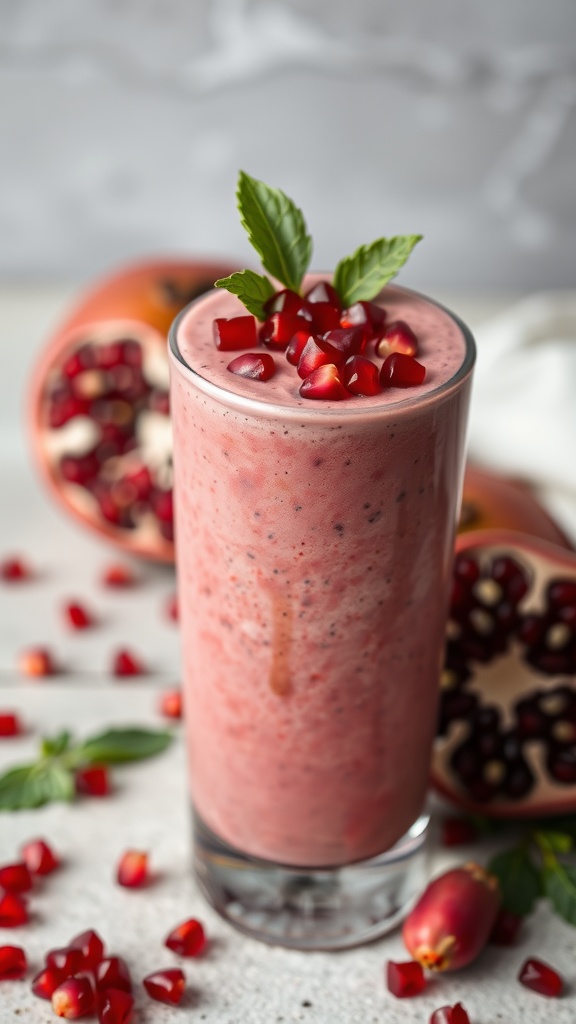 A refreshing chia seed and pomegranate smoothie, garnished with pomegranate seeds and mint.