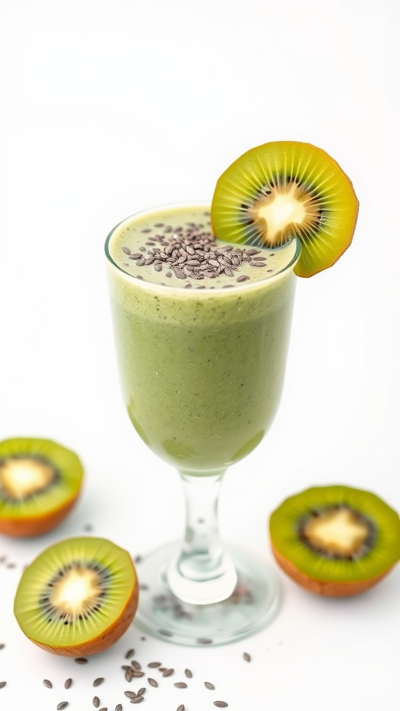 A glass of green smoothie with chia seeds and a slice of kiwi on the rim
