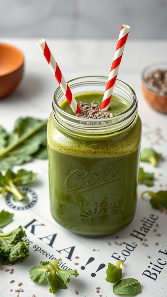 A vibrant green smoothie in a mason jar garnished with chia seeds and red striped straws.