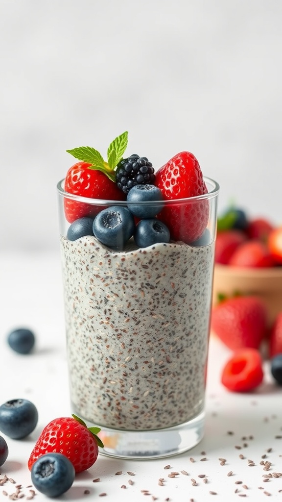 Chia seed pudding topped with fresh berries and mint leaves.