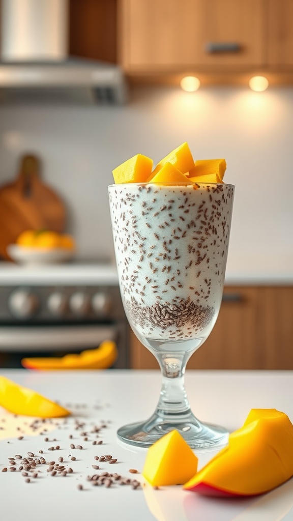 A glass of chia seed pudding topped with mango chunks, with chia seeds scattered around.