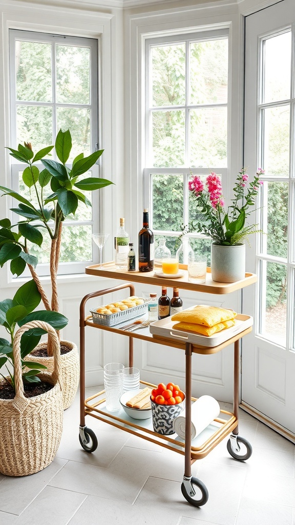 A stylish bar cart with drinks and snacks in a sunroom