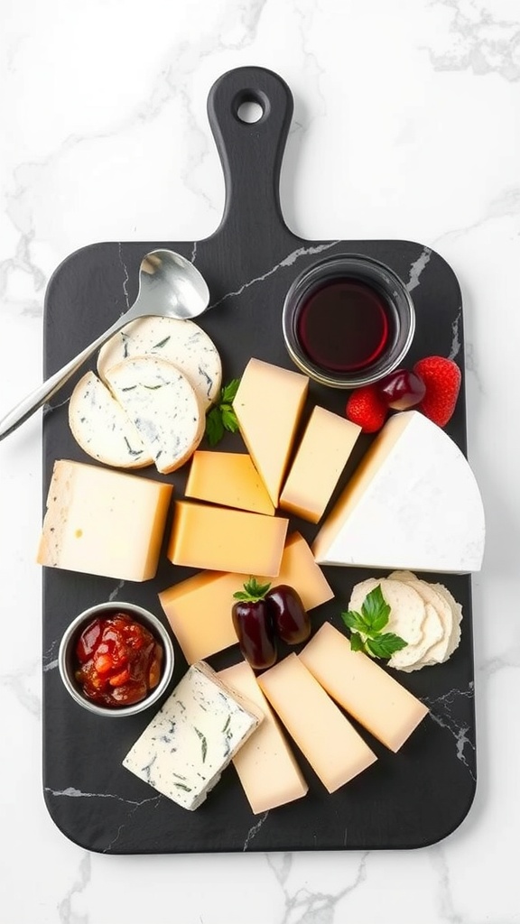 Chic black and white cheese board with various cheeses, fruits, and spreads on a marble surface