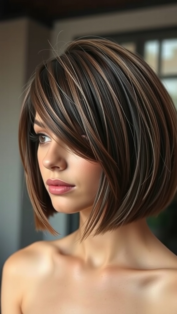 A woman with a chic bob haircut featuring textured layers and highlights.