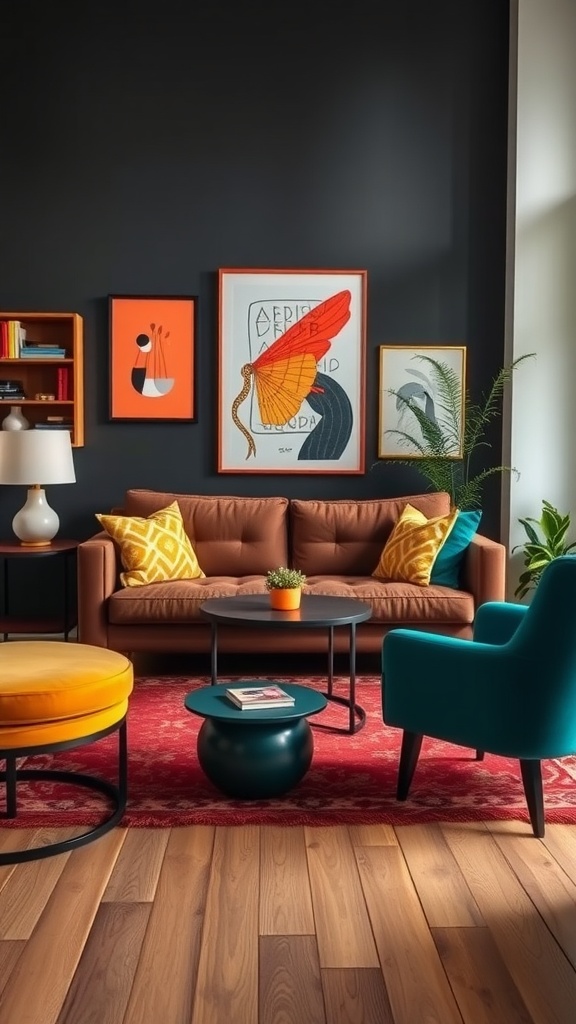 A chic living room featuring a brown couch with colorful cushions, a teal accent chair, and stylish decor.