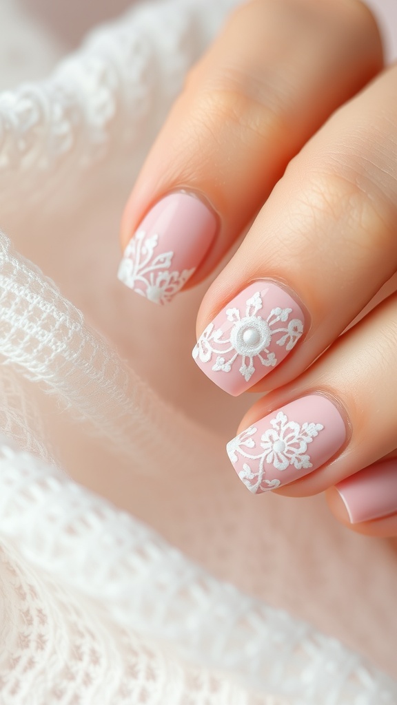 Close-up of pink nails with white lace patterns
