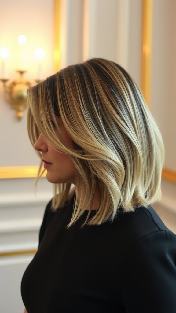 A woman with shoulder-length lob haircut featuring subtle ombre highlights, styled elegantly.