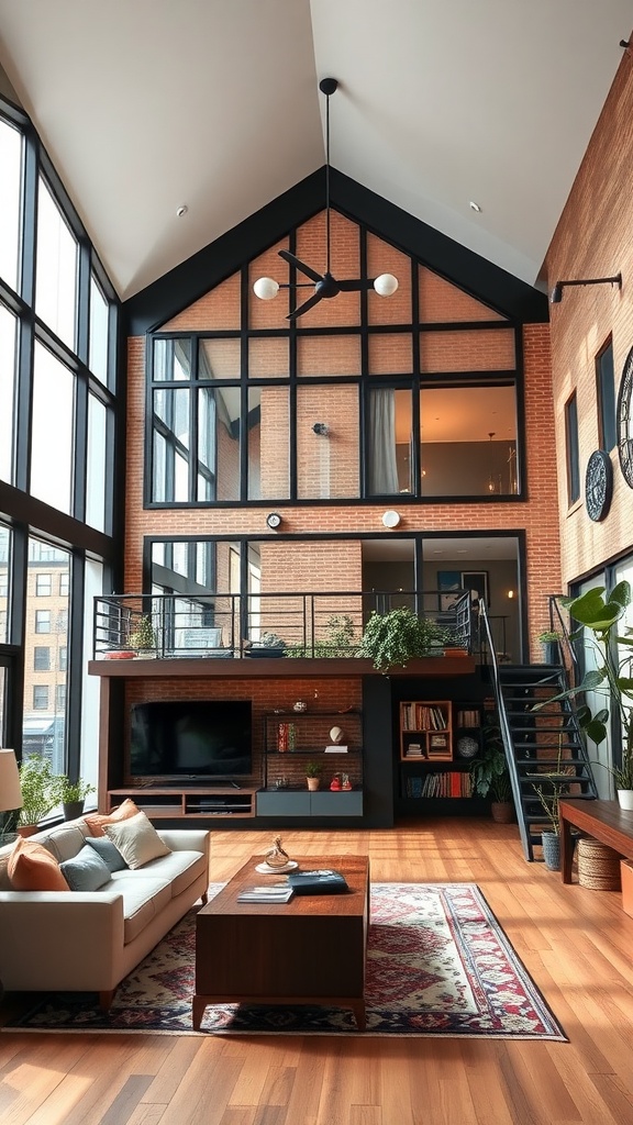 Interior of a chic loft-style house featuring high ceilings, large windows, and modern decor.