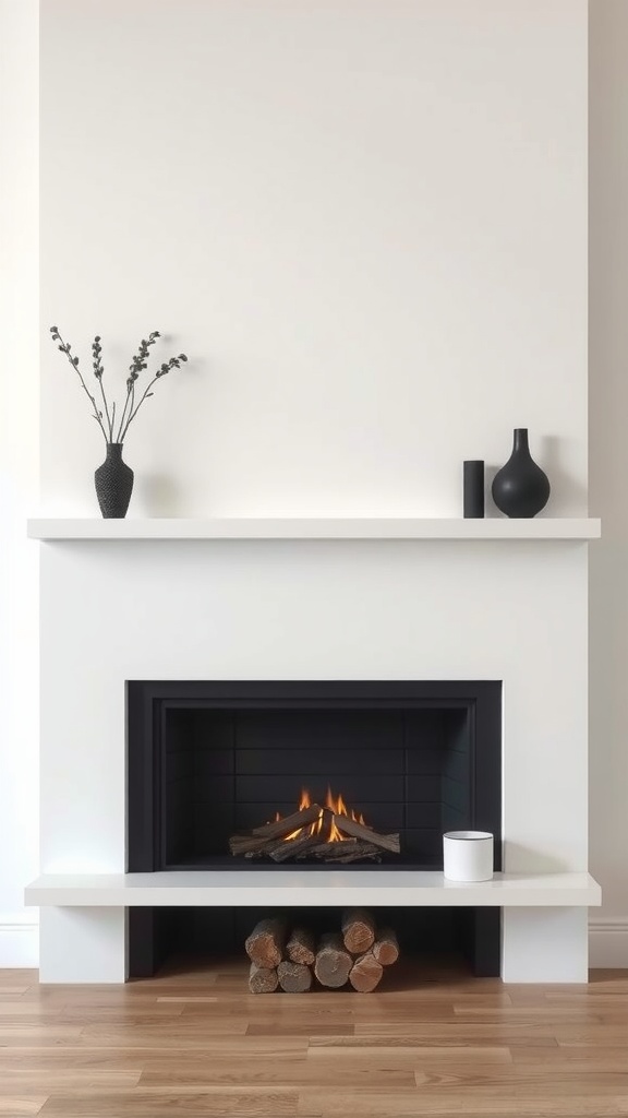 A minimalist fireplace surrounded by a white shelf and simple decorative items.