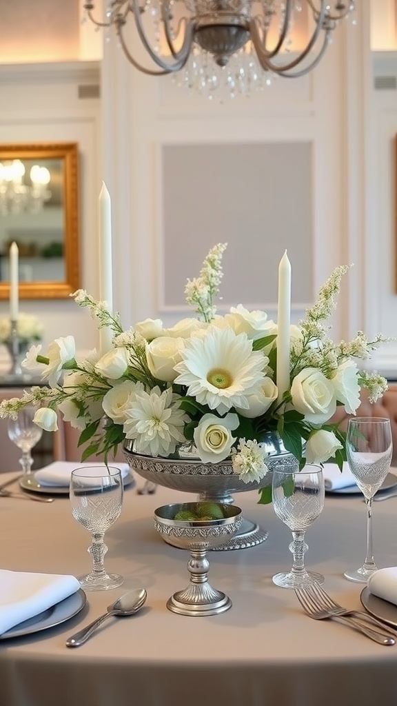 Elegant dining table centerpiece featuring white flowers and candles.