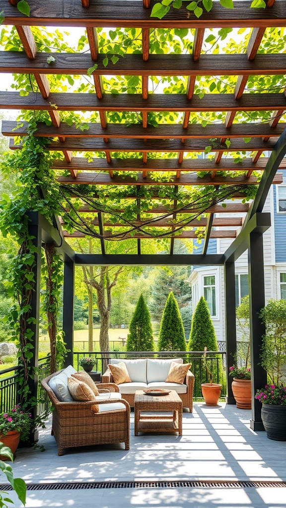 A stylish pergola with climbing plants over a patio seating area.
