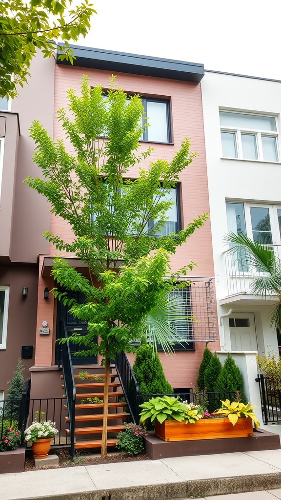 Stylish urban townhouse with a modern facade and lush greenery.