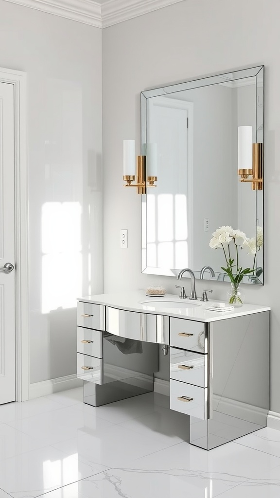 Chic vanity with mirrored surfaces, featuring elegant lighting and a simple floral arrangement.