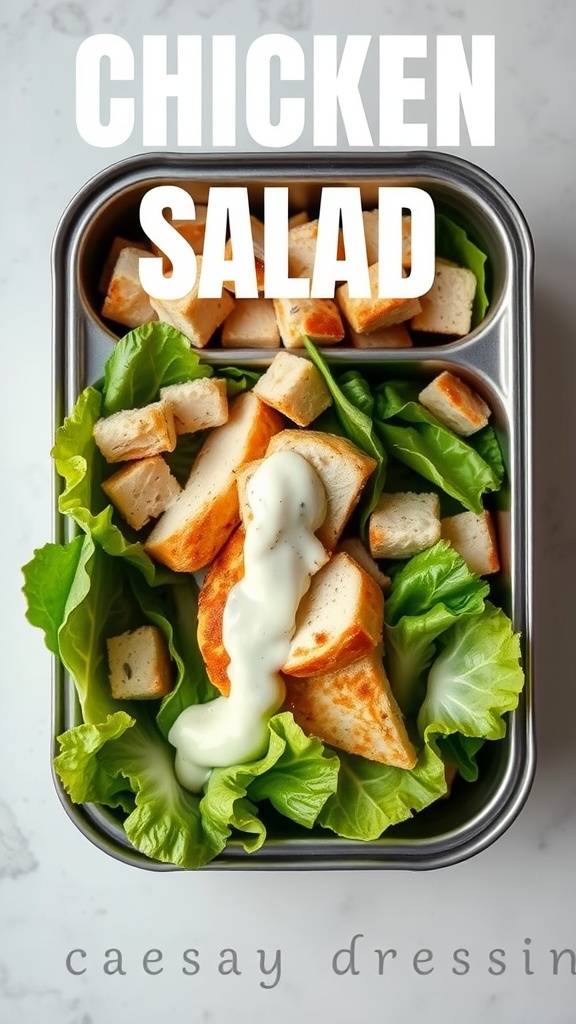 A bento box filled with chicken Caesar salad, featuring grilled chicken, lettuce, croutons, and dressing.