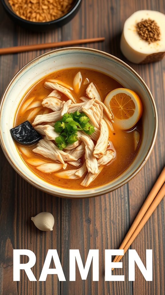 A bowl of chicken ramen with ginger and garlic, garnished with herbs and a lemon slice.