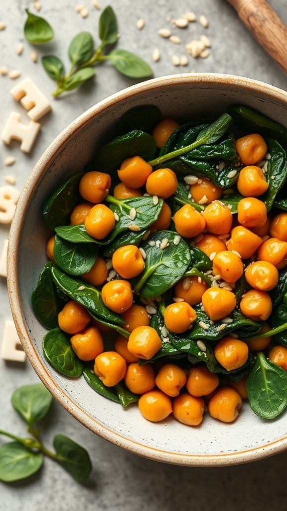A bowl of chickpeas and spinach stir-fry garnished with sesame seeds.