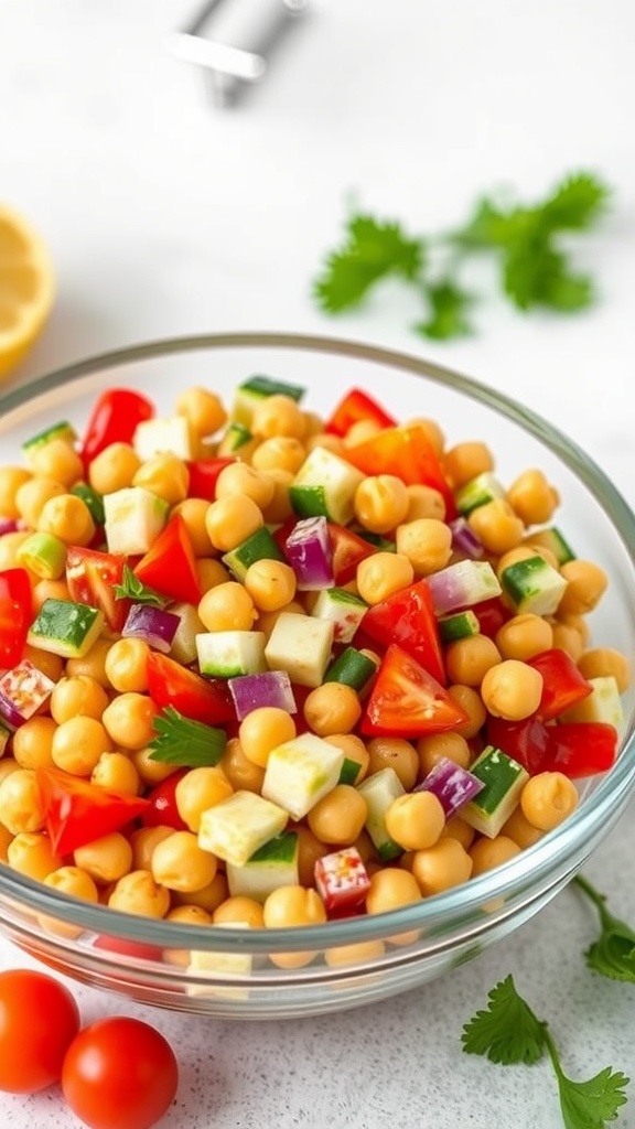 Chickpea salad with colorful vegetables and lemon dressing