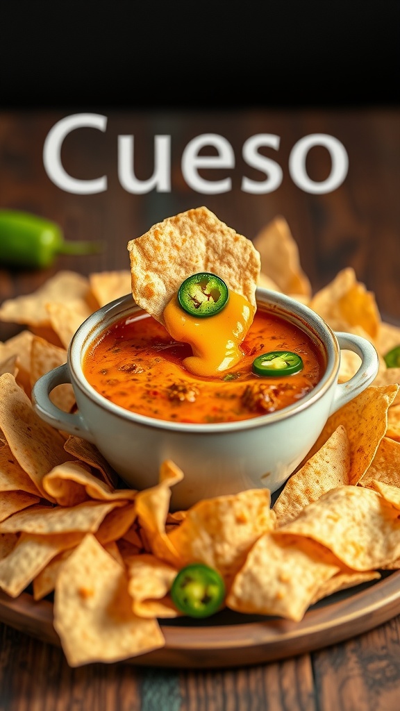 A bowl of chili con queso surrounded by tortilla chips, with a jalapeño slice on top.
