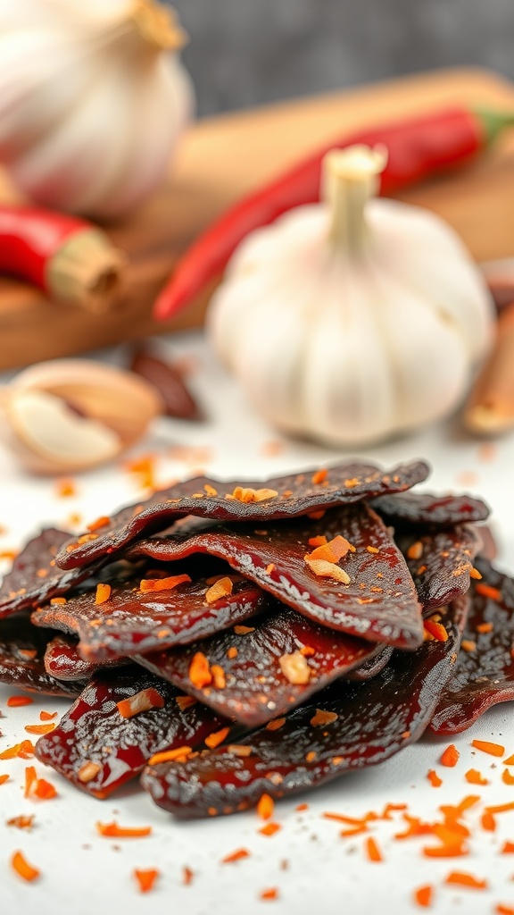 Chili garlic beef jerky with slices and spices on a white surface