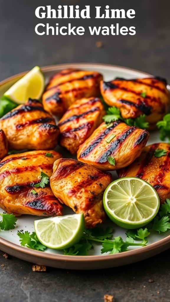 Chili lime chicken thighs garnished with cilantro and lime