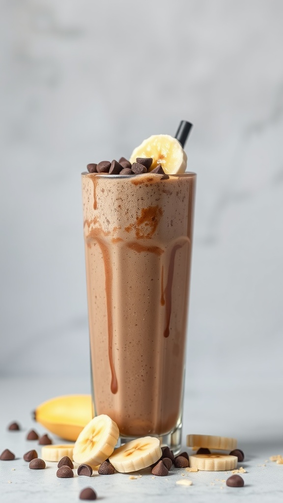 A delicious Choco-Banana Protein Shake with chocolate chips and banana slices