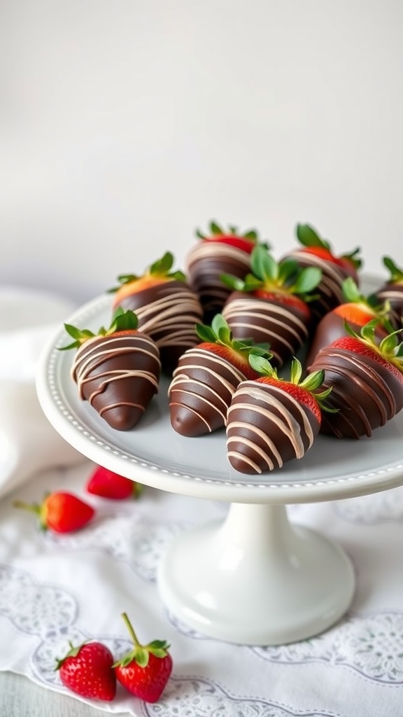 A plate of chocolate-covered strawberries drizzled with white chocolate.