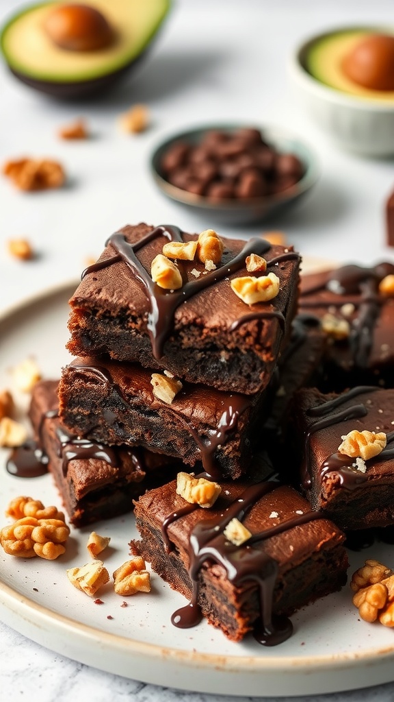 Fudgy chocolate avocado brownies topped with walnuts and drizzled with chocolate sauce.