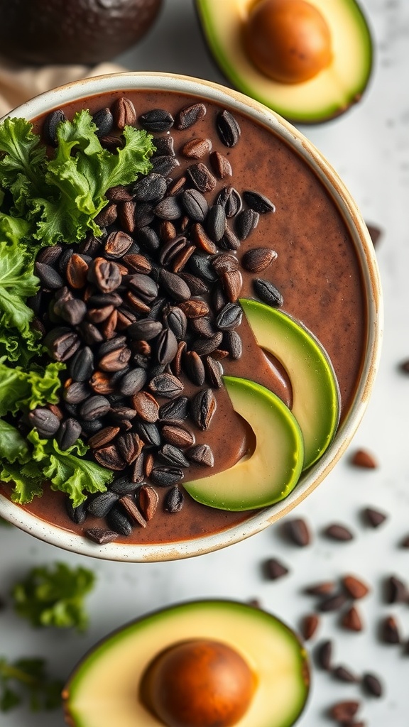 A delicious chocolate avocado kale smoothie topped with kale and cacao nibs.