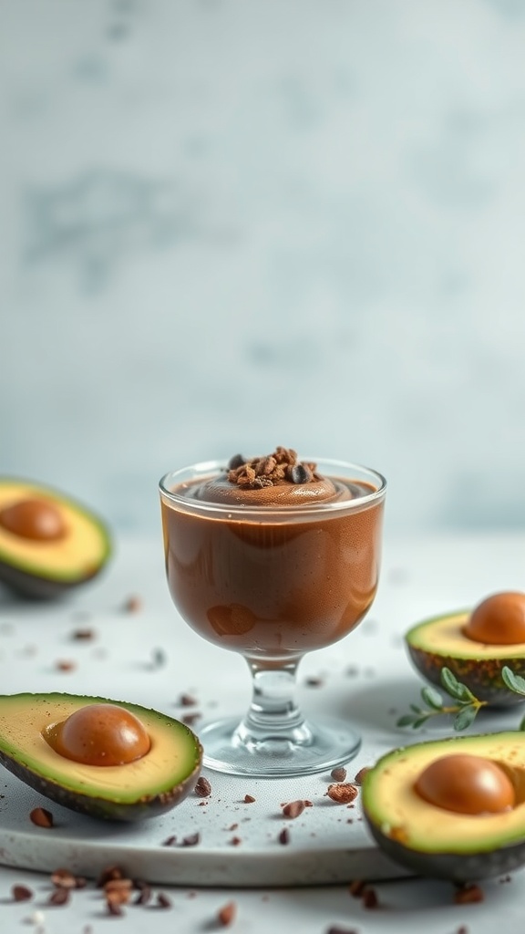 Chocolate avocado mousse served in a glass bowl with avocado halves around it.