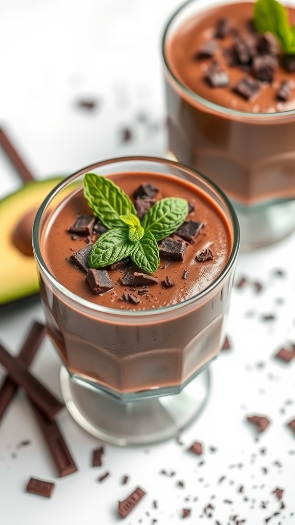 A creamy chocolate avocado mousse served in glass cups with mint leaves on top.