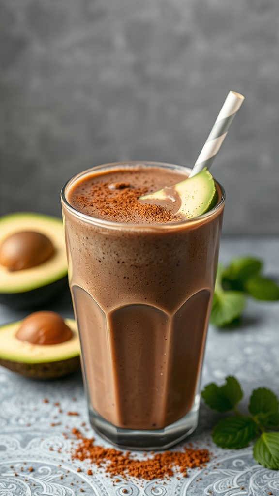 A creamy chocolate avocado protein shake served in a tall glass with a straw.