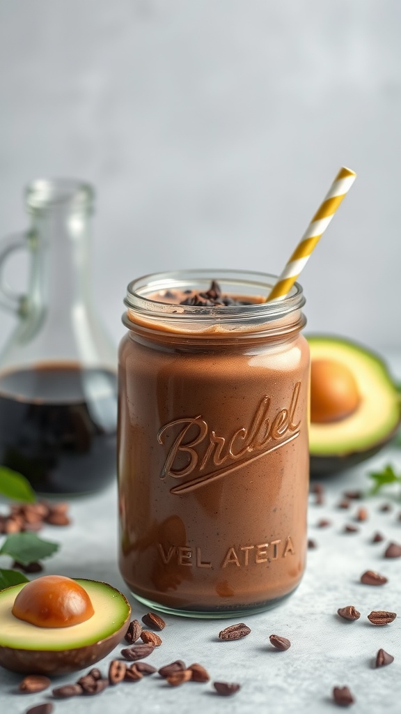 A delicious chocolate avocado protein smoothie in a jar with a striped straw.