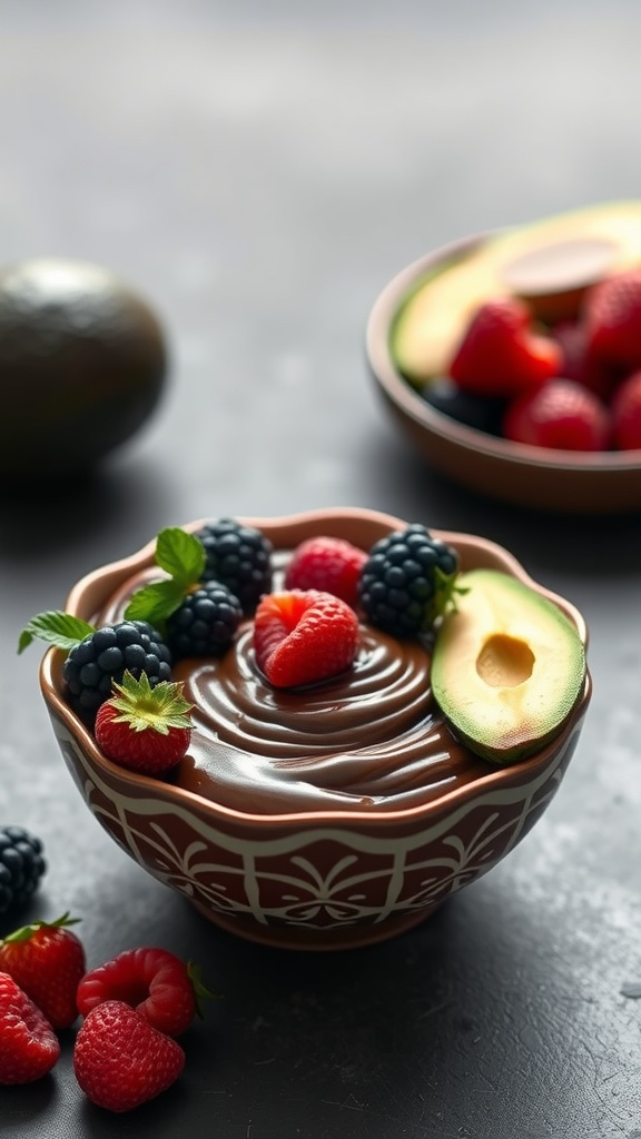 Chocolate avocado pudding topped with berries in a decorative bowl