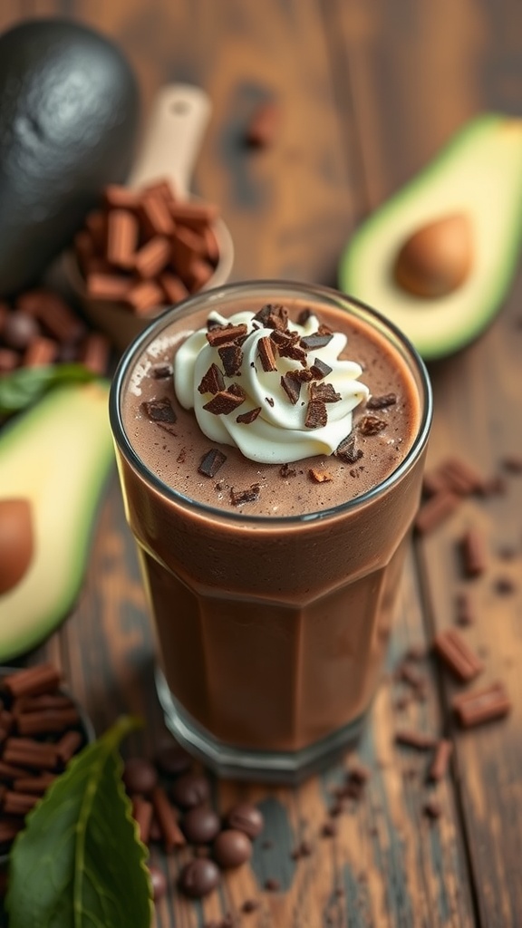 A delicious chocolate avocado smoothie topped with whipped cream and chocolate shavings.