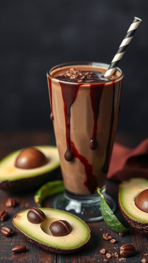 A chocolate avocado smoothie in a tall glass with a striped straw, surrounded by fresh avocados and coffee beans.