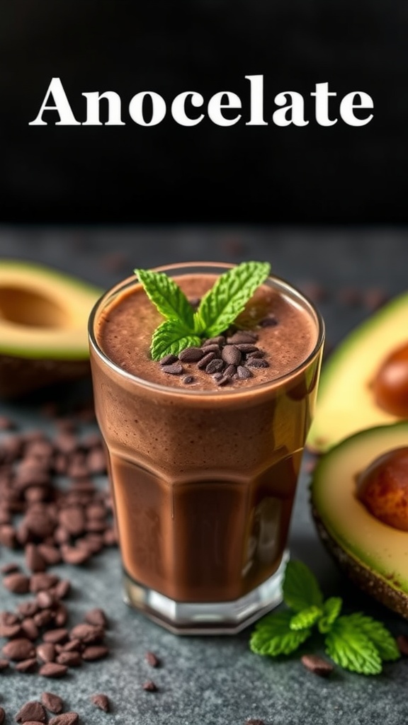 A delicious chocolate avocado smoothie in a glass garnished with mint leaves and chocolate chips.