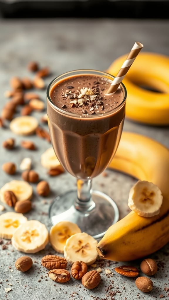 A delicious chocolate banana nut smoothie served in a glass with a straw, surrounded by sliced bananas and mixed nuts.