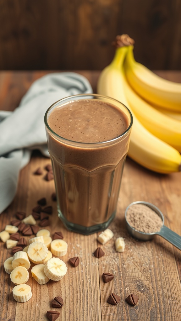 A glass of chocolate banana protein smoothie with sliced bananas and chocolate chips on a wooden table.