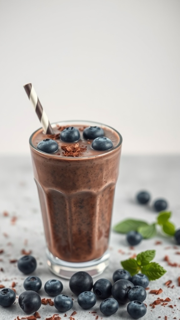 A chocolate blueberry smoothie in a glass garnished with blueberries and a straw.