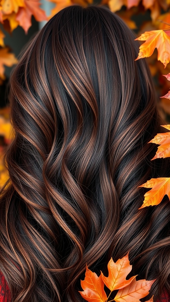 A close-up of flowing dark hair with chocolate cherry highlights, surrounded by autumn leaves.