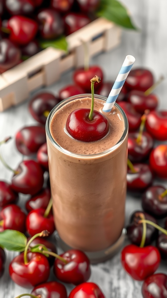 Chocolate Cherry Protein Shake with a cherry on top and surrounded by fresh cherries