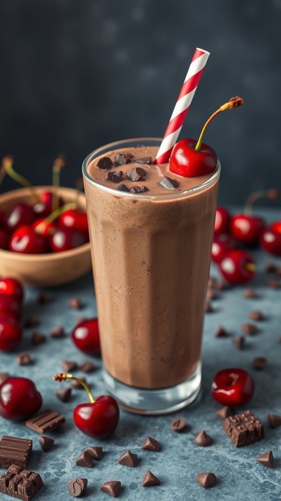 A delicious chocolate cherry protein smoothie garnished with a cherry on top.